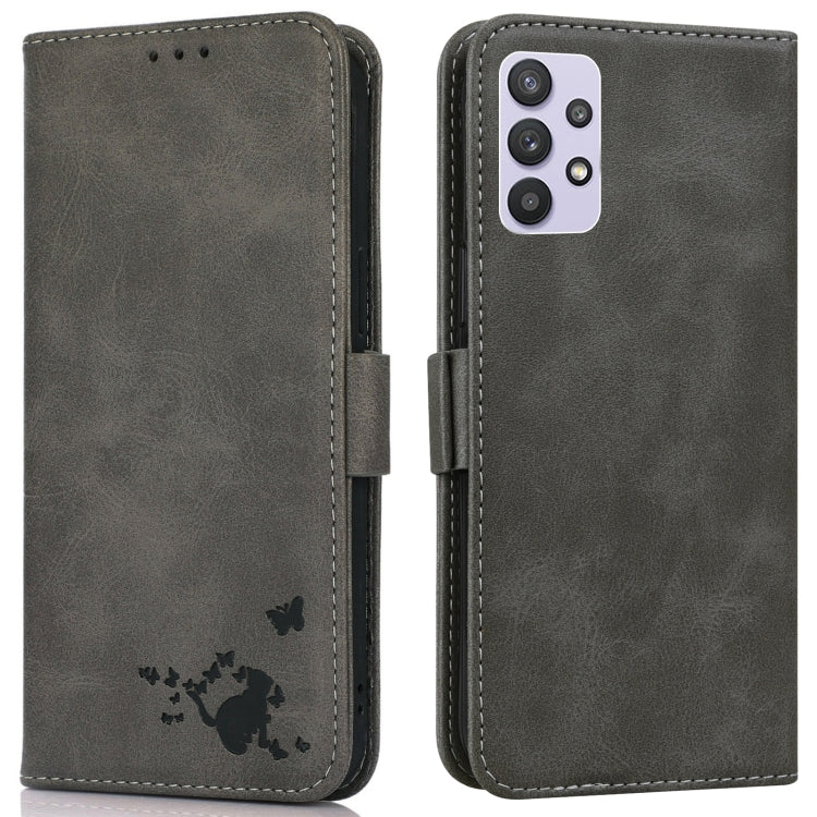 For Samsung Galaxy A32 5G Embossed Cat Butterflies Pattern Horizontal Flip Leather Case with Card Slot & Holder & Wallet