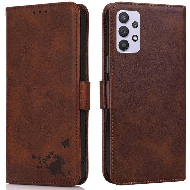 For Samsung Galaxy A32 5G Embossed Cat Butterflies Pattern Horizontal Flip Leather Case with Card Slot & Holder & Wallet