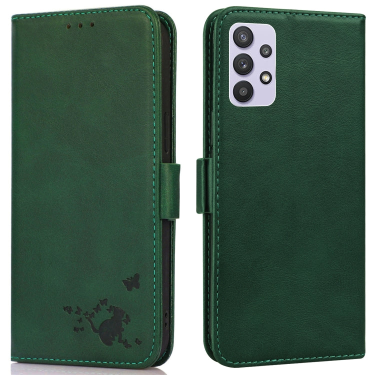 For Samsung Galaxy A32 5G Embossed Cat Butterflies Pattern Horizontal Flip Leather Case with Card Slot & Holder & Wallet