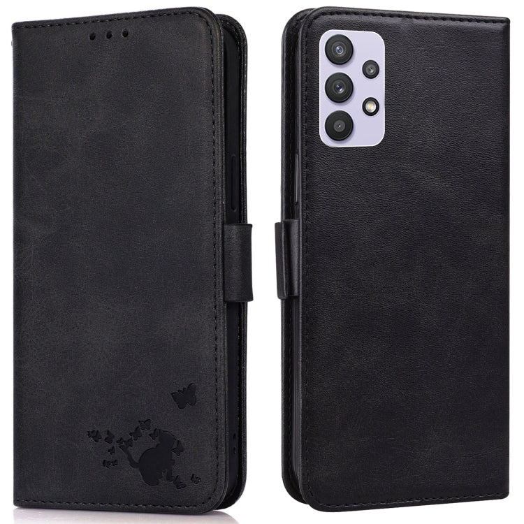 For Samsung Galaxy A32 5G Embossed Cat Butterflies Pattern Horizontal Flip Leather Case with Card Slot & Holder & Wallet