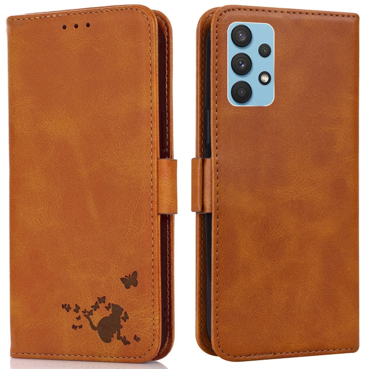 For Samsung Galaxy A32 4G Embossed Cat Butterflies Pattern Horizontal Flip Leather Case with Card Slot & Holder & Wallet