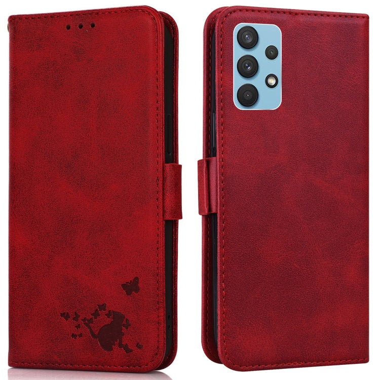 For Samsung Galaxy A32 4G Embossed Cat Butterflies Pattern Horizontal Flip Leather Case with Card Slot & Holder & Wallet