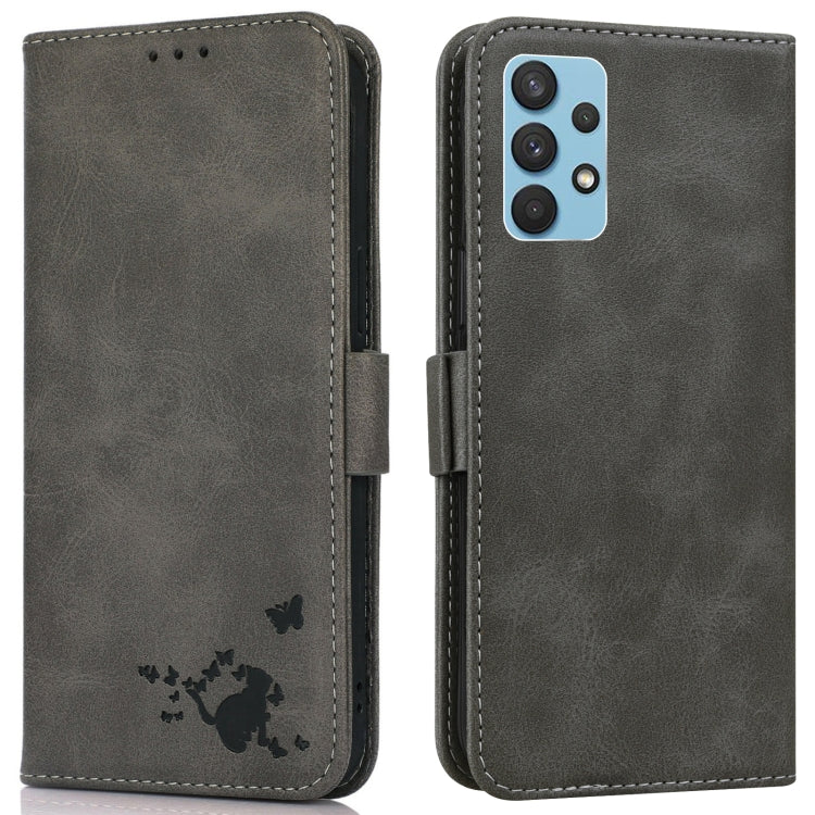 For Samsung Galaxy A32 4G Embossed Cat Butterflies Pattern Horizontal Flip Leather Case with Card Slot & Holder & Wallet