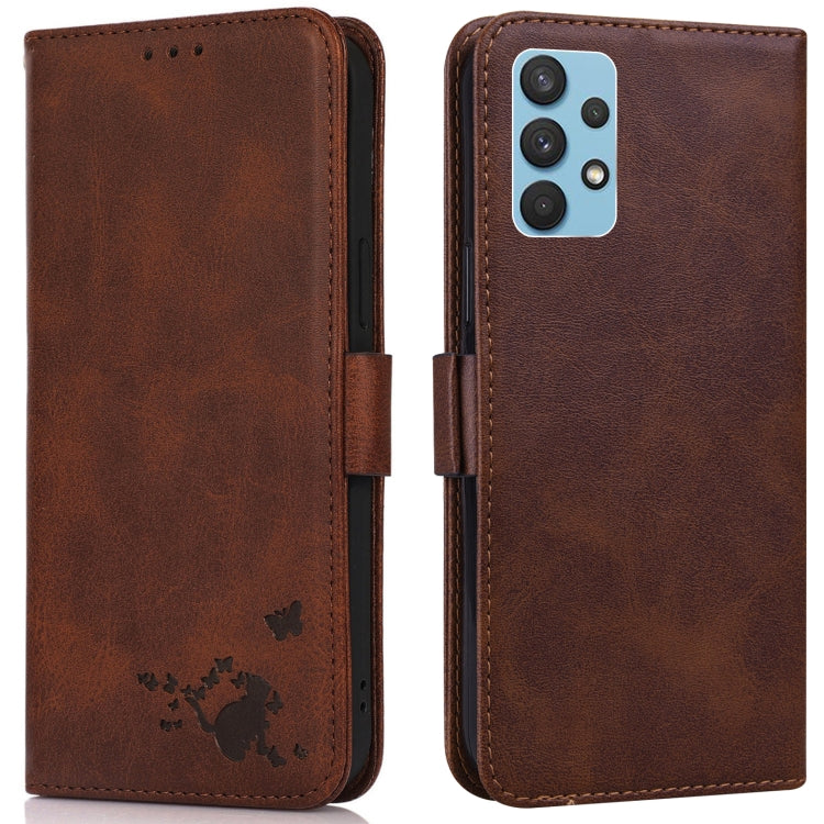 For Samsung Galaxy A32 4G Embossed Cat Butterflies Pattern Horizontal Flip Leather Case with Card Slot & Holder & Wallet