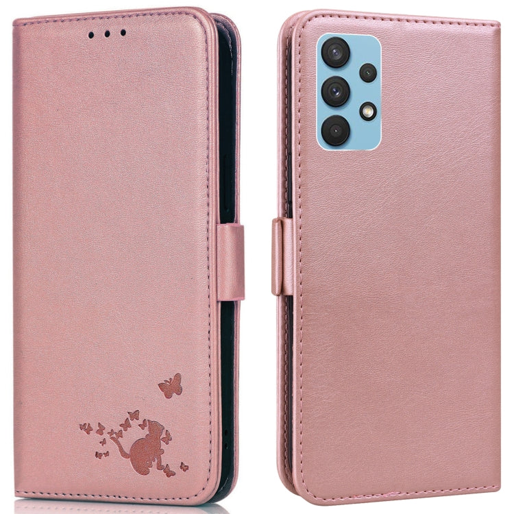 For Samsung Galaxy A32 4G Embossed Cat Butterflies Pattern Horizontal Flip Leather Case with Card Slot & Holder & Wallet