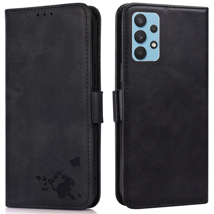 For Samsung Galaxy A32 4G Embossed Cat Butterflies Pattern Horizontal Flip Leather Case with Card Slot & Holder & Wallet