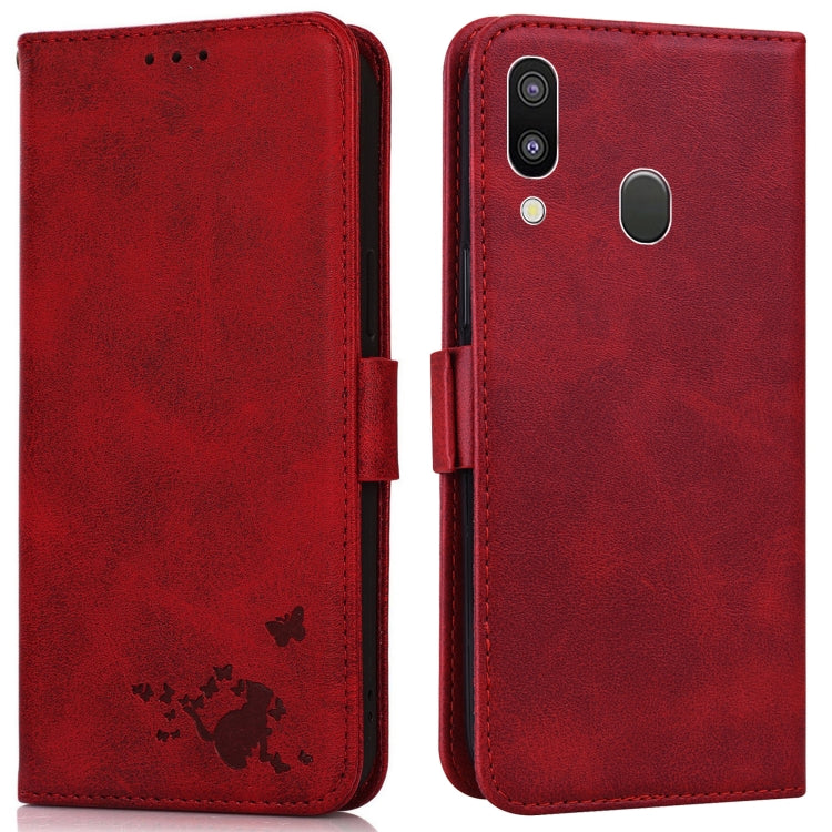 For Samsung Galaxy A40 Embossed Cat Butterflies Pattern Horizontal Flip Leather Case with Card Slot & Holder & Wallet