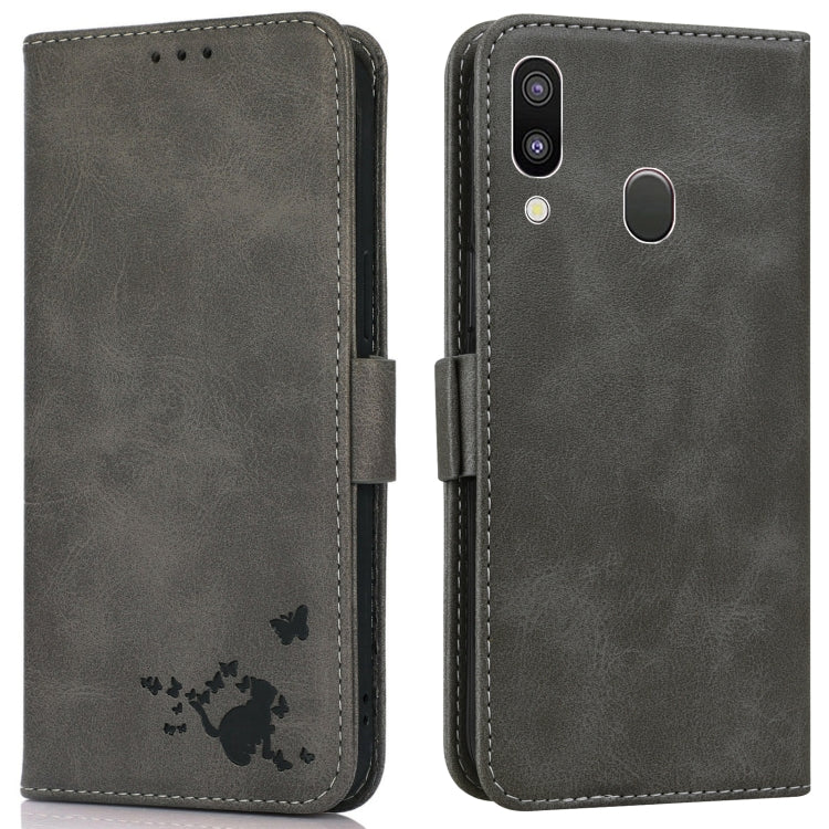 For Samsung Galaxy A40 Embossed Cat Butterflies Pattern Horizontal Flip Leather Case with Card Slot & Holder & Wallet