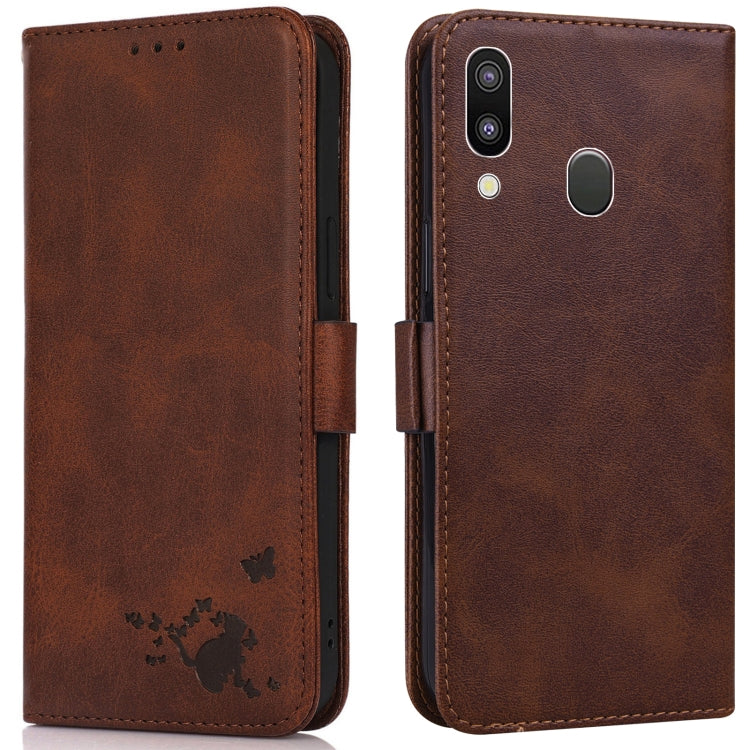 For Samsung Galaxy A40 Embossed Cat Butterflies Pattern Horizontal Flip Leather Case with Card Slot & Holder & Wallet