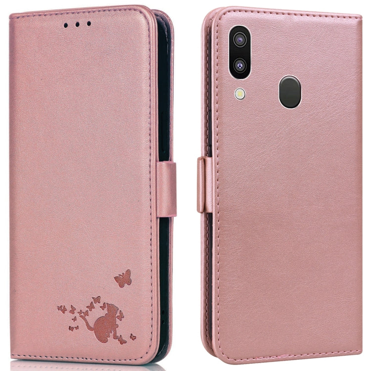 For Samsung Galaxy A40 Embossed Cat Butterflies Pattern Horizontal Flip Leather Case with Card Slot & Holder & Wallet