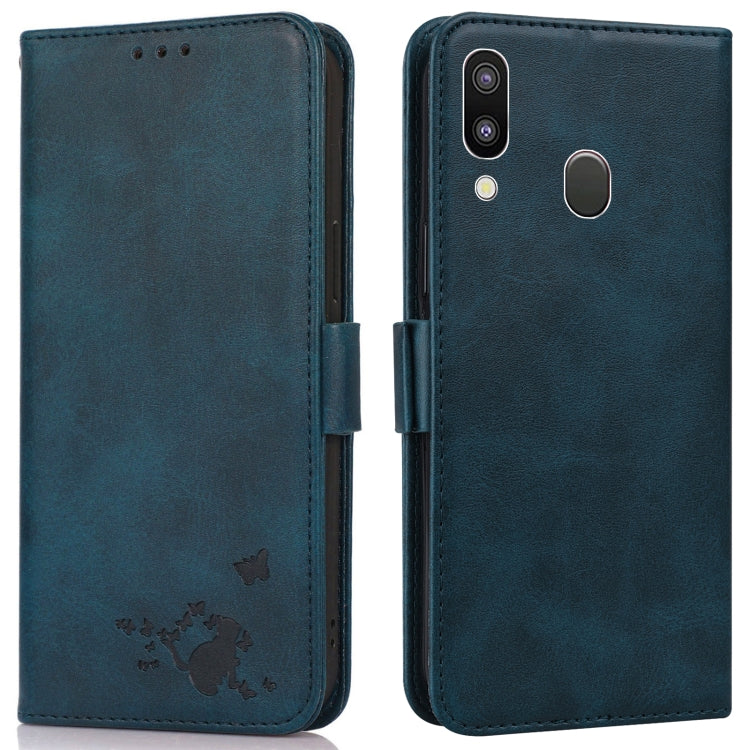 For Samsung Galaxy A40 Embossed Cat Butterflies Pattern Horizontal Flip Leather Case with Card Slot & Holder & Wallet