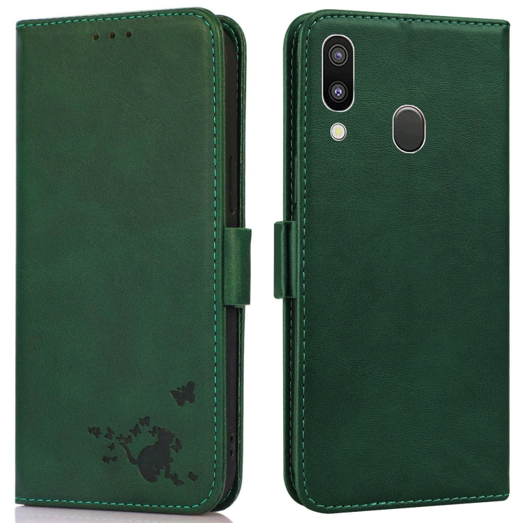 For Samsung Galaxy A40 Embossed Cat Butterflies Pattern Horizontal Flip Leather Case with Card Slot & Holder & Wallet