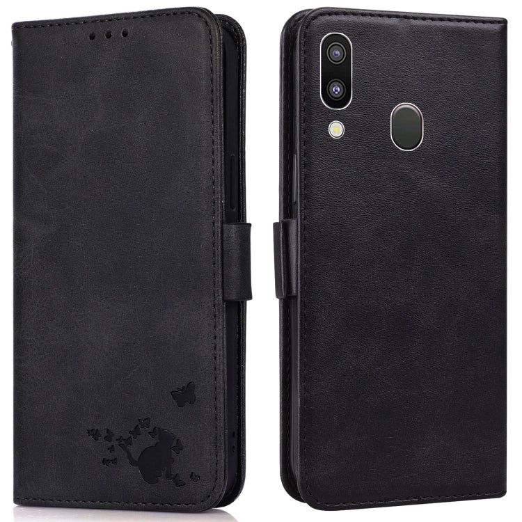 For Samsung Galaxy A40 Embossed Cat Butterflies Pattern Horizontal Flip Leather Case with Card Slot & Holder & Wallet