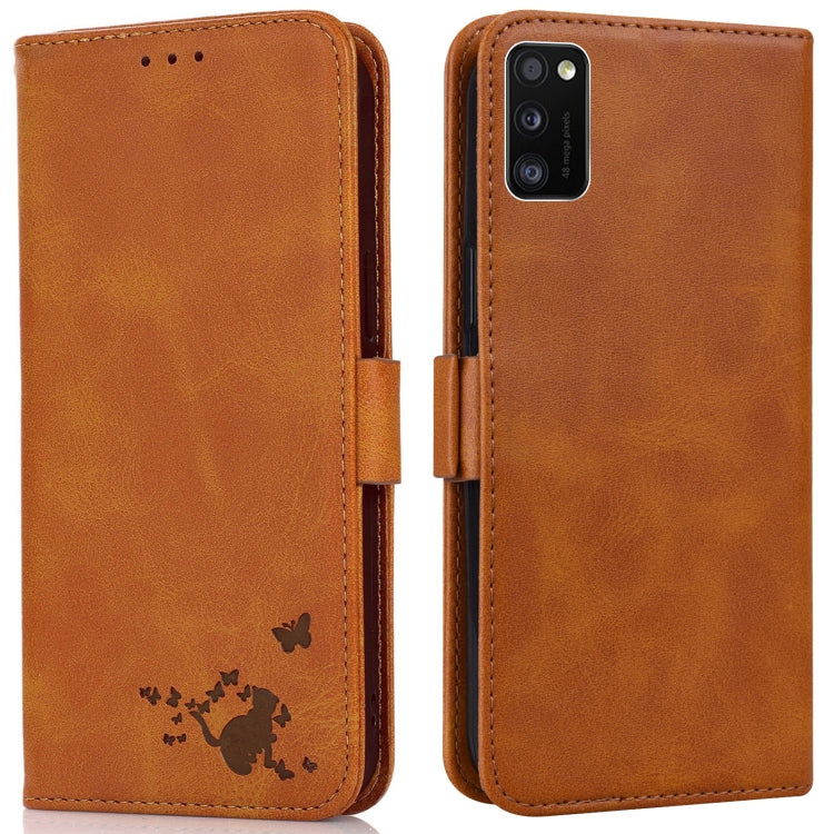 For Samsung Galaxy A41 Embossed Cat Butterflies Pattern Horizontal Flip Leather Case with Card Slot & Holder & Wallet