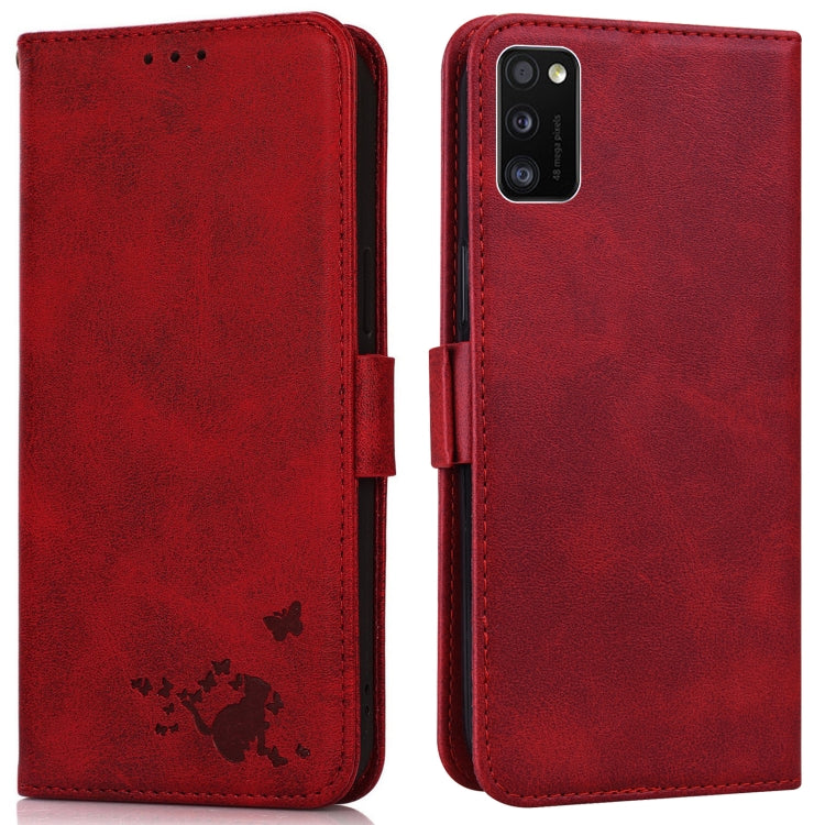 For Samsung Galaxy A41 Embossed Cat Butterflies Pattern Horizontal Flip Leather Case with Card Slot & Holder & Wallet