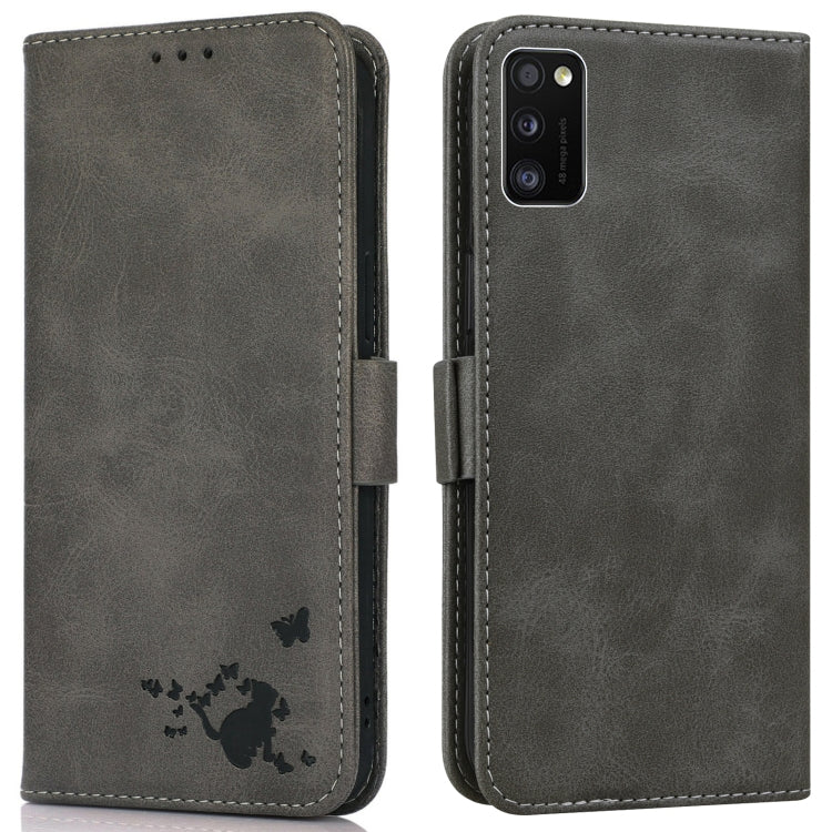 For Samsung Galaxy A41 Embossed Cat Butterflies Pattern Horizontal Flip Leather Case with Card Slot & Holder & Wallet