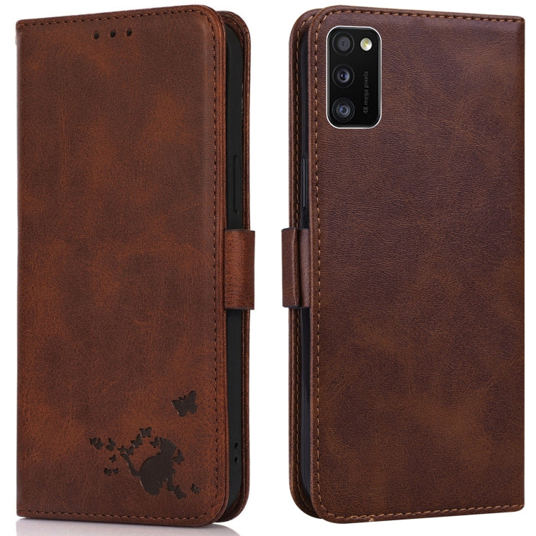 For Samsung Galaxy A41 Embossed Cat Butterflies Pattern Horizontal Flip Leather Case with Card Slot & Holder & Wallet
