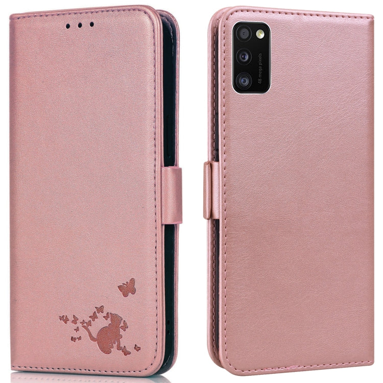 For Samsung Galaxy A41 Embossed Cat Butterflies Pattern Horizontal Flip Leather Case with Card Slot & Holder & Wallet