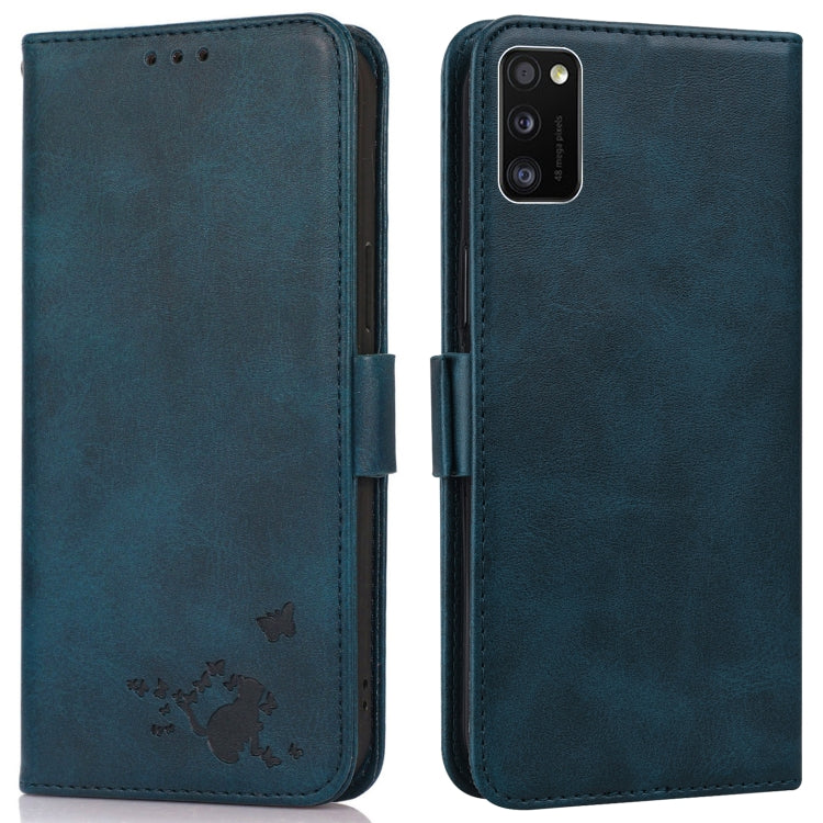 For Samsung Galaxy A41 Embossed Cat Butterflies Pattern Horizontal Flip Leather Case with Card Slot & Holder & Wallet
