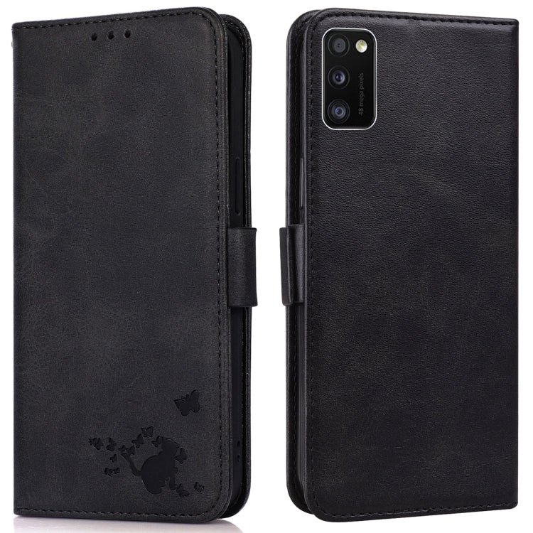 For Samsung Galaxy A41 Embossed Cat Butterflies Pattern Horizontal Flip Leather Case with Card Slot & Holder & Wallet