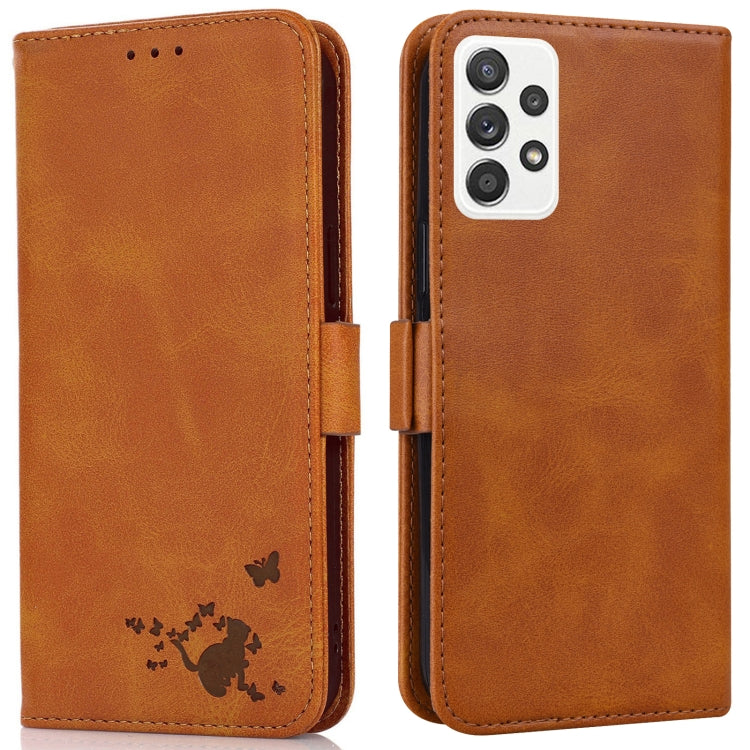 For Samsung Galaxy A52 5G Embossed Cat Butterflies Pattern Horizontal Flip Leather Case with Card Slot & Holder & Wallet
