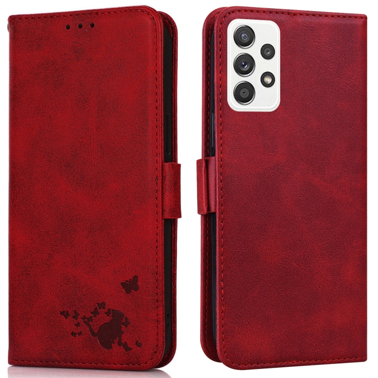For Samsung Galaxy A52 5G Embossed Cat Butterflies Pattern Horizontal Flip Leather Case with Card Slot & Holder & Wallet