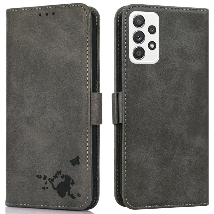 For Samsung Galaxy A52 5G Embossed Cat Butterflies Pattern Horizontal Flip Leather Case with Card Slot & Holder & Wallet