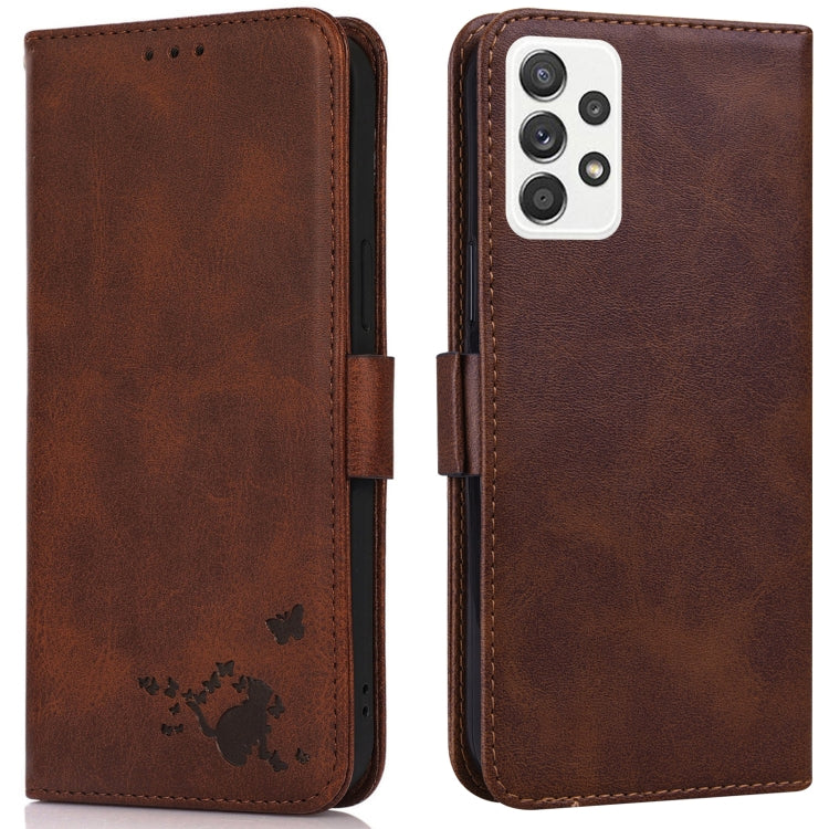 For Samsung Galaxy A52 5G Embossed Cat Butterflies Pattern Horizontal Flip Leather Case with Card Slot & Holder & Wallet