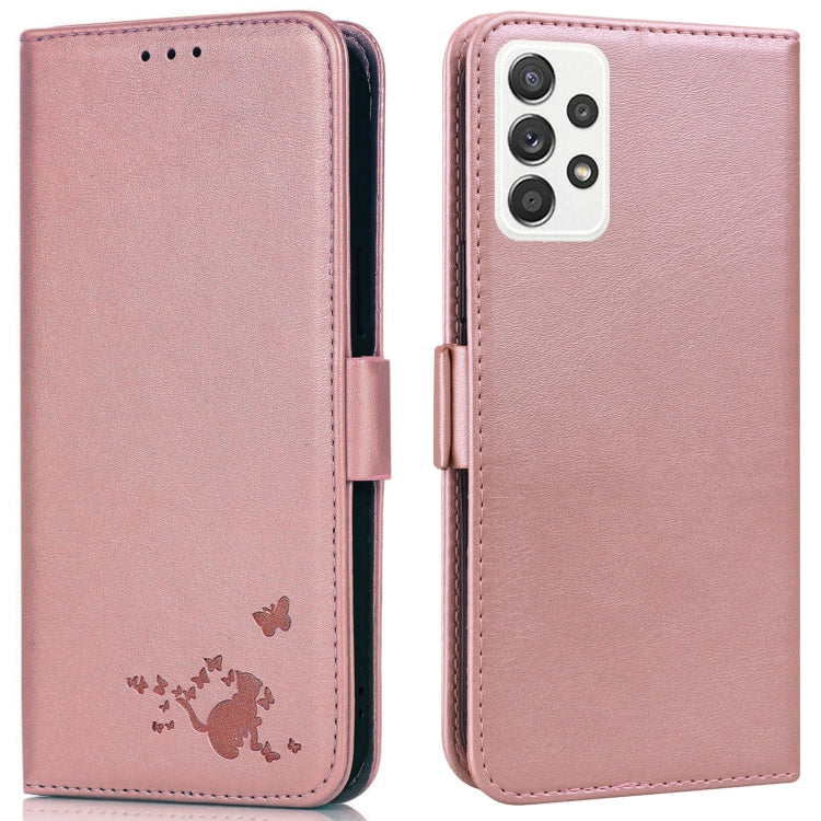 For Samsung Galaxy A52 5G Embossed Cat Butterflies Pattern Horizontal Flip Leather Case with Card Slot & Holder & Wallet