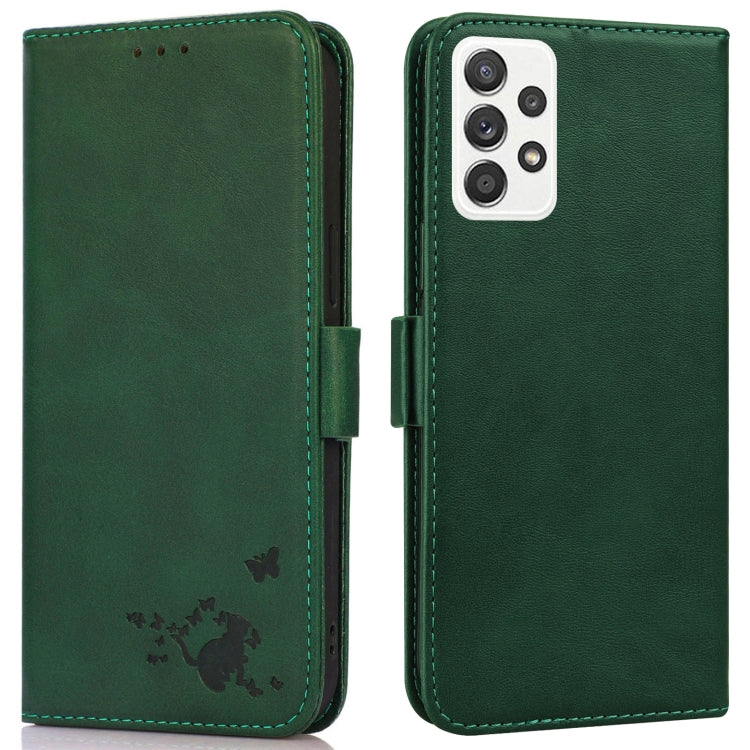For Samsung Galaxy A52 5G Embossed Cat Butterflies Pattern Horizontal Flip Leather Case with Card Slot & Holder & Wallet