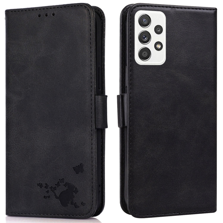For Samsung Galaxy A52 5G Embossed Cat Butterflies Pattern Horizontal Flip Leather Case with Card Slot & Holder & Wallet