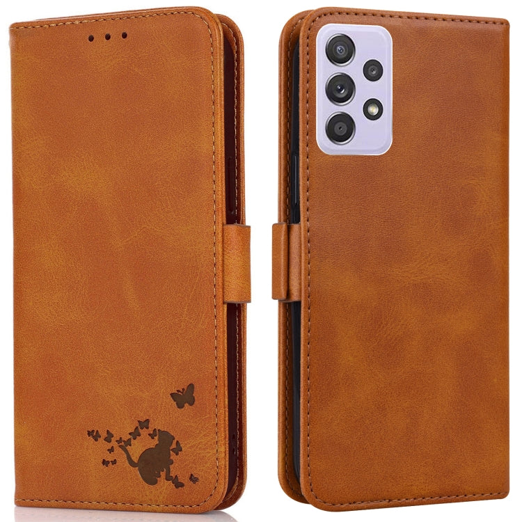 For Samsung Galaxy A72 5G Embossed Cat Butterflies Pattern Horizontal Flip Leather Case with Card Slot & Holder & Wallet