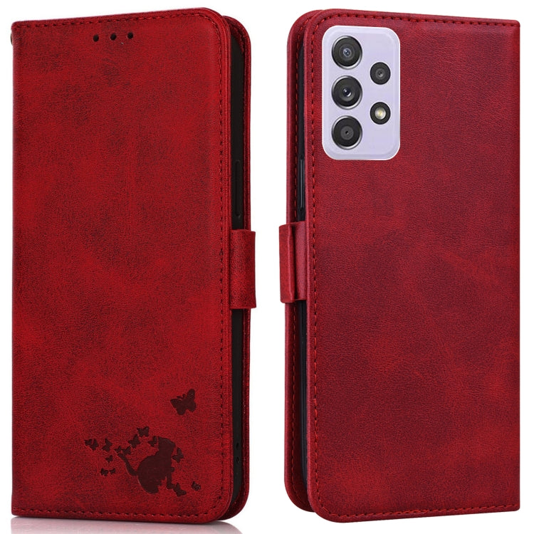 For Samsung Galaxy A72 5G Embossed Cat Butterflies Pattern Horizontal Flip Leather Case with Card Slot & Holder & Wallet