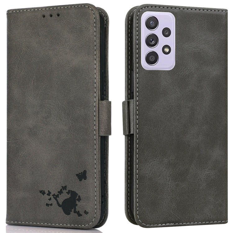For Samsung Galaxy A72 5G Embossed Cat Butterflies Pattern Horizontal Flip Leather Case with Card Slot & Holder & Wallet