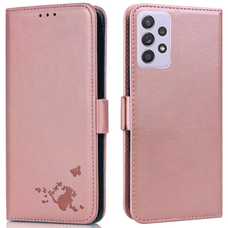 For Samsung Galaxy A72 5G Embossed Cat Butterflies Pattern Horizontal Flip Leather Case with Card Slot & Holder & Wallet