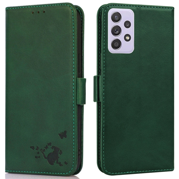 For Samsung Galaxy A72 5G Embossed Cat Butterflies Pattern Horizontal Flip Leather Case with Card Slot & Holder & Wallet