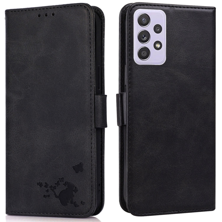 For Samsung Galaxy A72 5G Embossed Cat Butterflies Pattern Horizontal Flip Leather Case with Card Slot & Holder & Wallet
