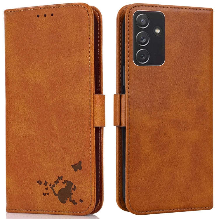 For Samsung Galaxy A82 5G Embossed Cat Butterflies Pattern Horizontal Flip Leather Case with Card Slot & Holder & Wallet