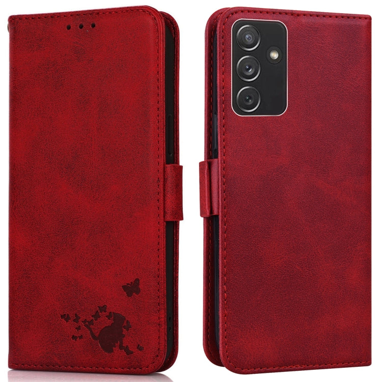 For Samsung Galaxy A82 5G Embossed Cat Butterflies Pattern Horizontal Flip Leather Case with Card Slot & Holder & Wallet