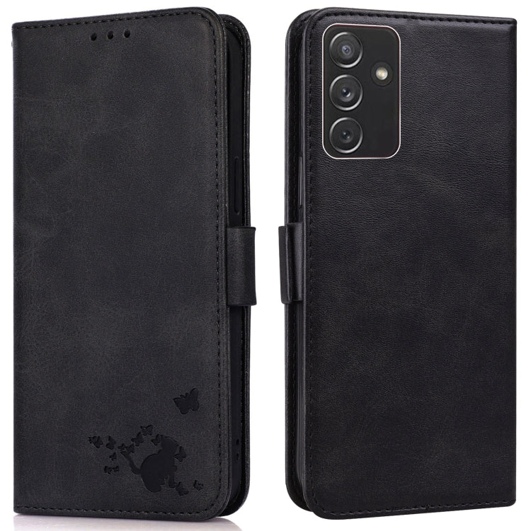 For Samsung Galaxy A82 5G Embossed Cat Butterflies Pattern Horizontal Flip Leather Case with Card Slot & Holder & Wallet