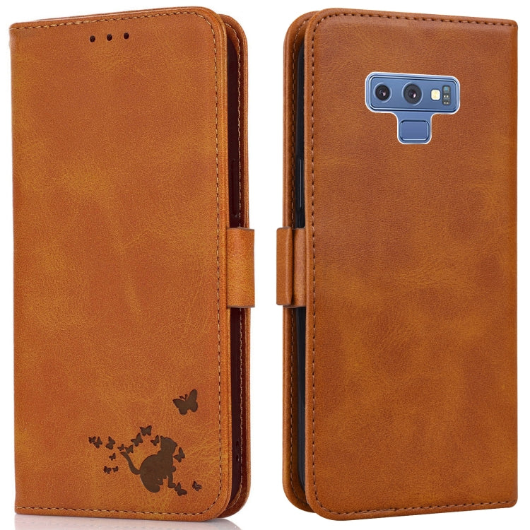 For Samsung Galaxy Note9 Embossed Cat Butterflies Pattern Horizontal Flip Leather Case with Card Slot & Holder & Wallet