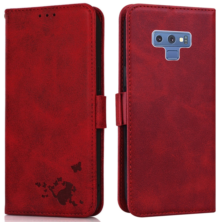 For Samsung Galaxy Note9 Embossed Cat Butterflies Pattern Horizontal Flip Leather Case with Card Slot & Holder & Wallet