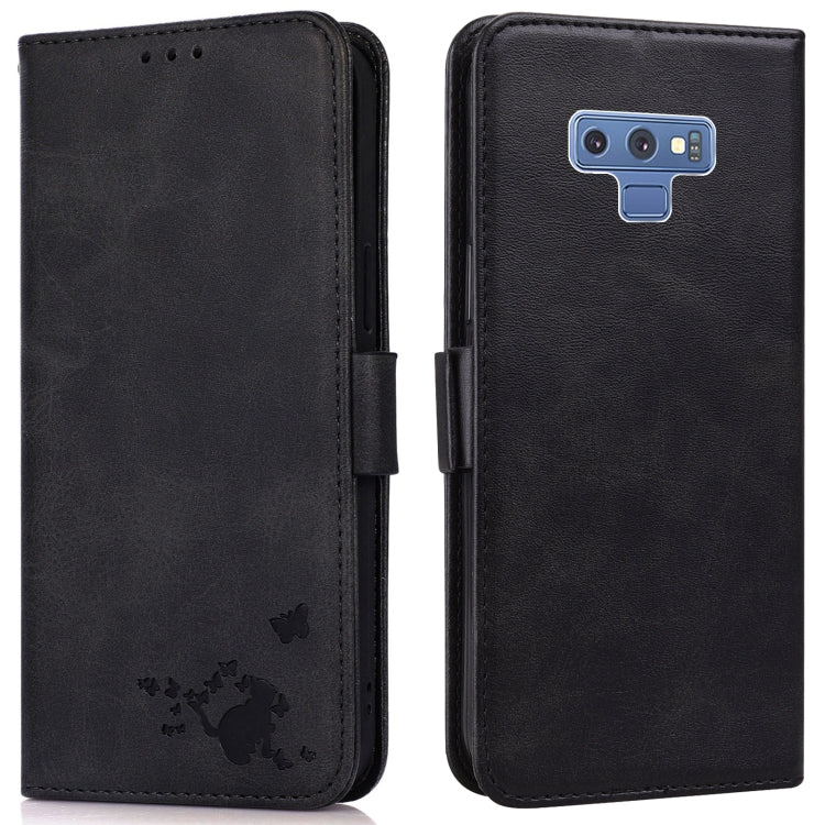 For Samsung Galaxy Note9 Embossed Cat Butterflies Pattern Horizontal Flip Leather Case with Card Slot & Holder & Wallet