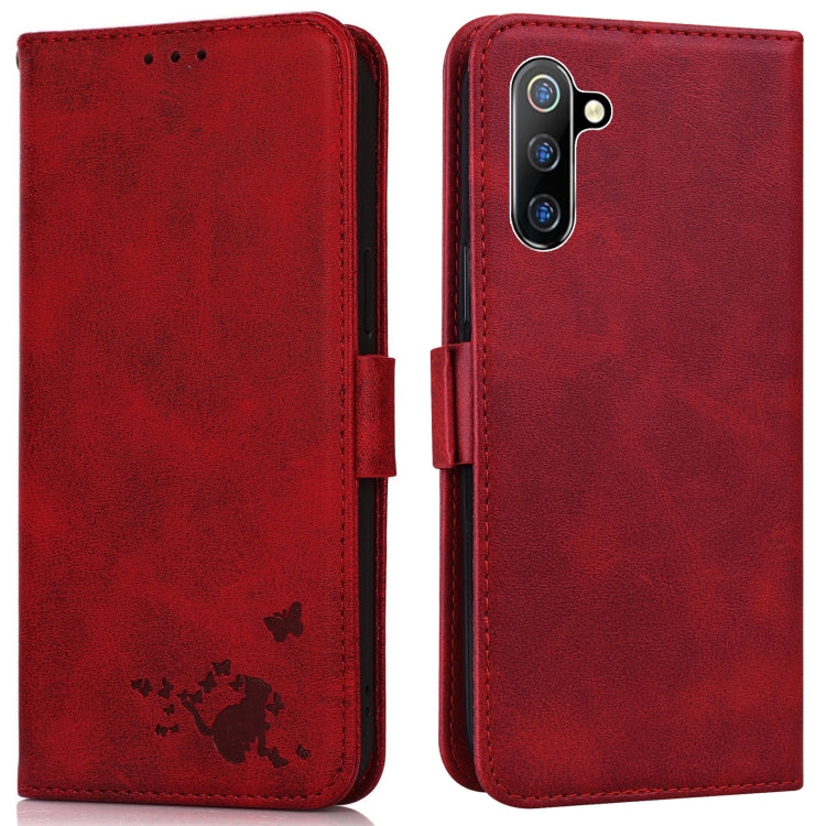 For Samsung Galaxy Note10 Embossed Cat Butterflies Pattern Horizontal Flip Leather Case with Card Slot & Holder & Wallet