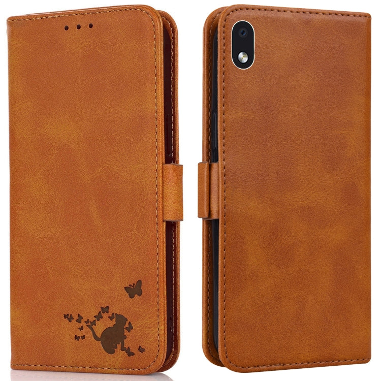 For Samsung Galaxy A01 Core Embossed Cat Butterflies Pattern Horizontal Flip Leather Case with Card Slot & Holder & Wallet