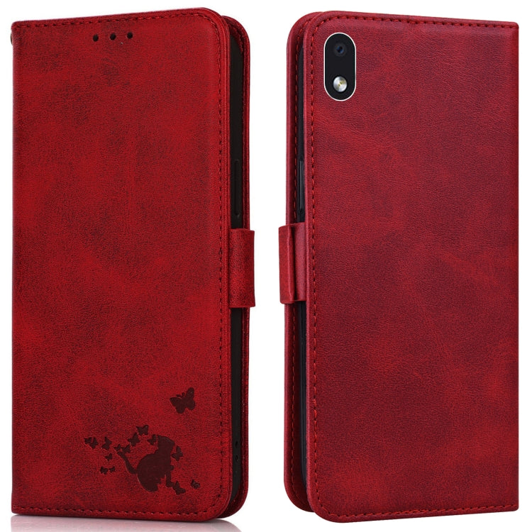 For Samsung Galaxy A01 Core Embossed Cat Butterflies Pattern Horizontal Flip Leather Case with Card Slot & Holder & Wallet