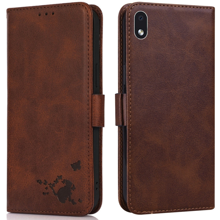 For Samsung Galaxy A01 Core Embossed Cat Butterflies Pattern Horizontal Flip Leather Case with Card Slot & Holder & Wallet