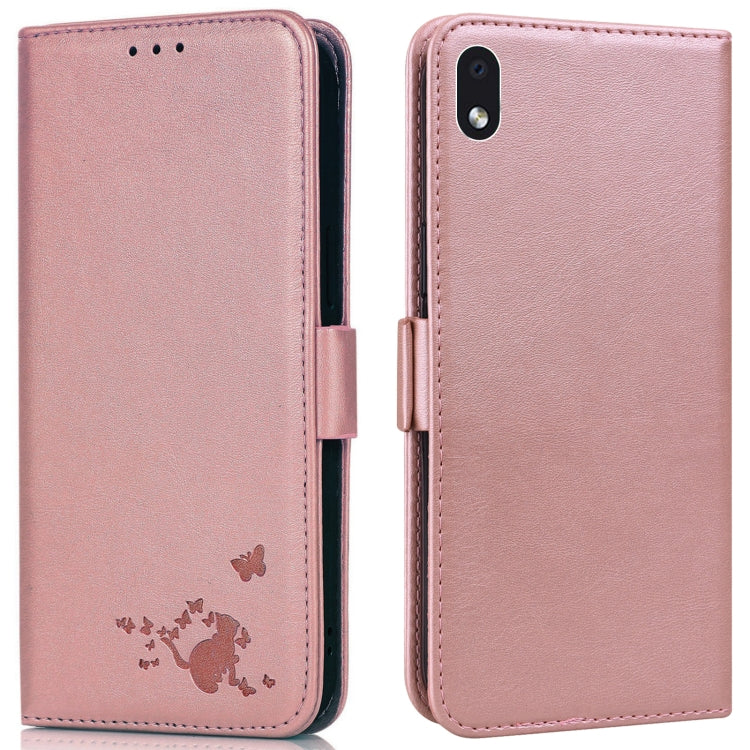 For Samsung Galaxy A01 Core Embossed Cat Butterflies Pattern Horizontal Flip Leather Case with Card Slot & Holder & Wallet