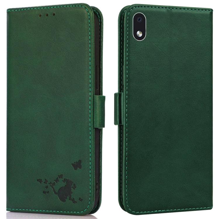 For Samsung Galaxy A01 Core Embossed Cat Butterflies Pattern Horizontal Flip Leather Case with Card Slot & Holder & Wallet