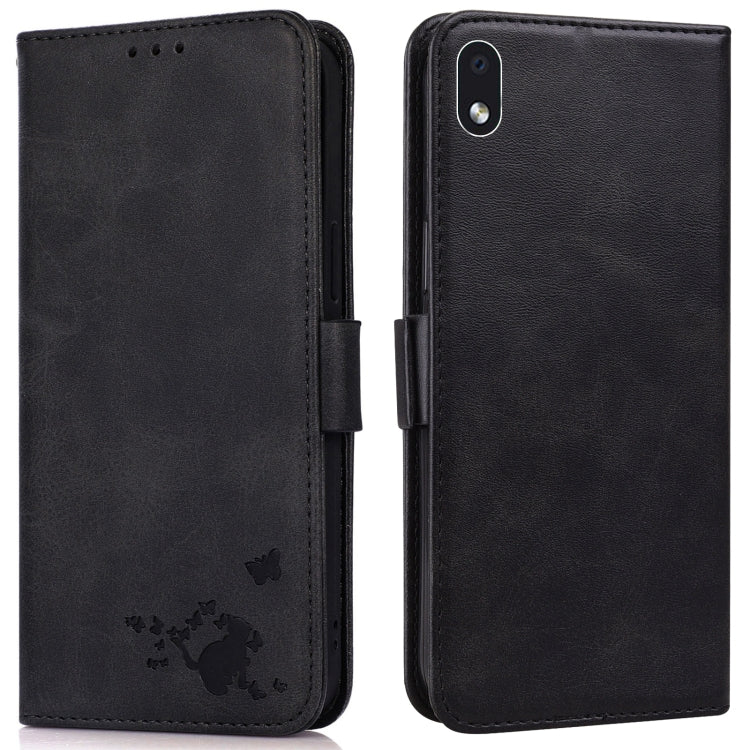 For Samsung Galaxy A01 Core Embossed Cat Butterflies Pattern Horizontal Flip Leather Case with Card Slot & Holder & Wallet